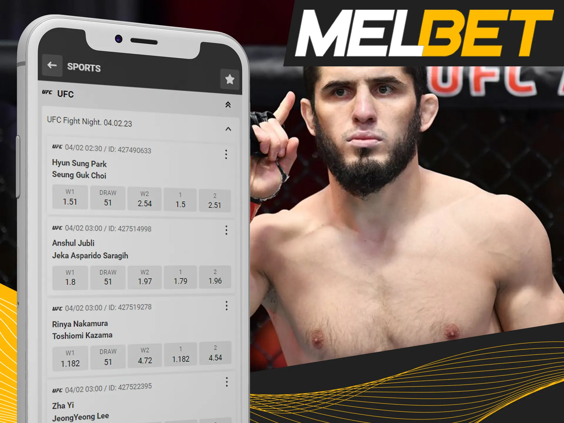 Bet on UFC players and watch matches in live at Melbet.